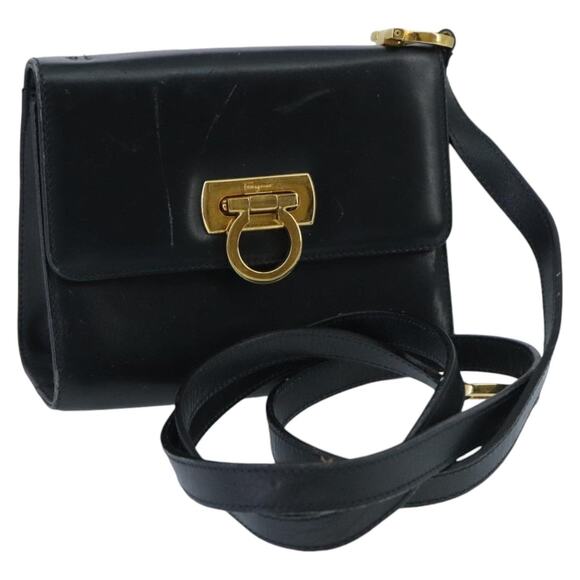 Salvatore Ferragamo Gancini Shoulder Bag Leather Navy Gold